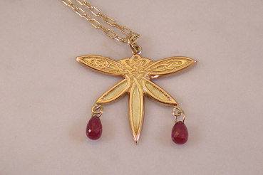 Celtic Dragonfly in Gold with Ruby Briolettes