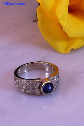 Blue Sapphire Ring with Hand Engraving in White Gold