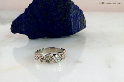 Celtic Diamond Ring with White and Green Diamonds