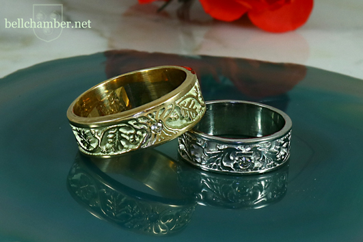Platinum Tree of Life ring and Yellow Gold Three Oak Tree of Life Ring