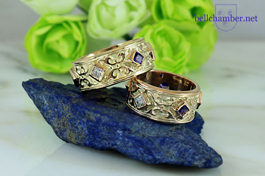 Custom Princess Cut Diamond and Sapphire Royal Scoll ring