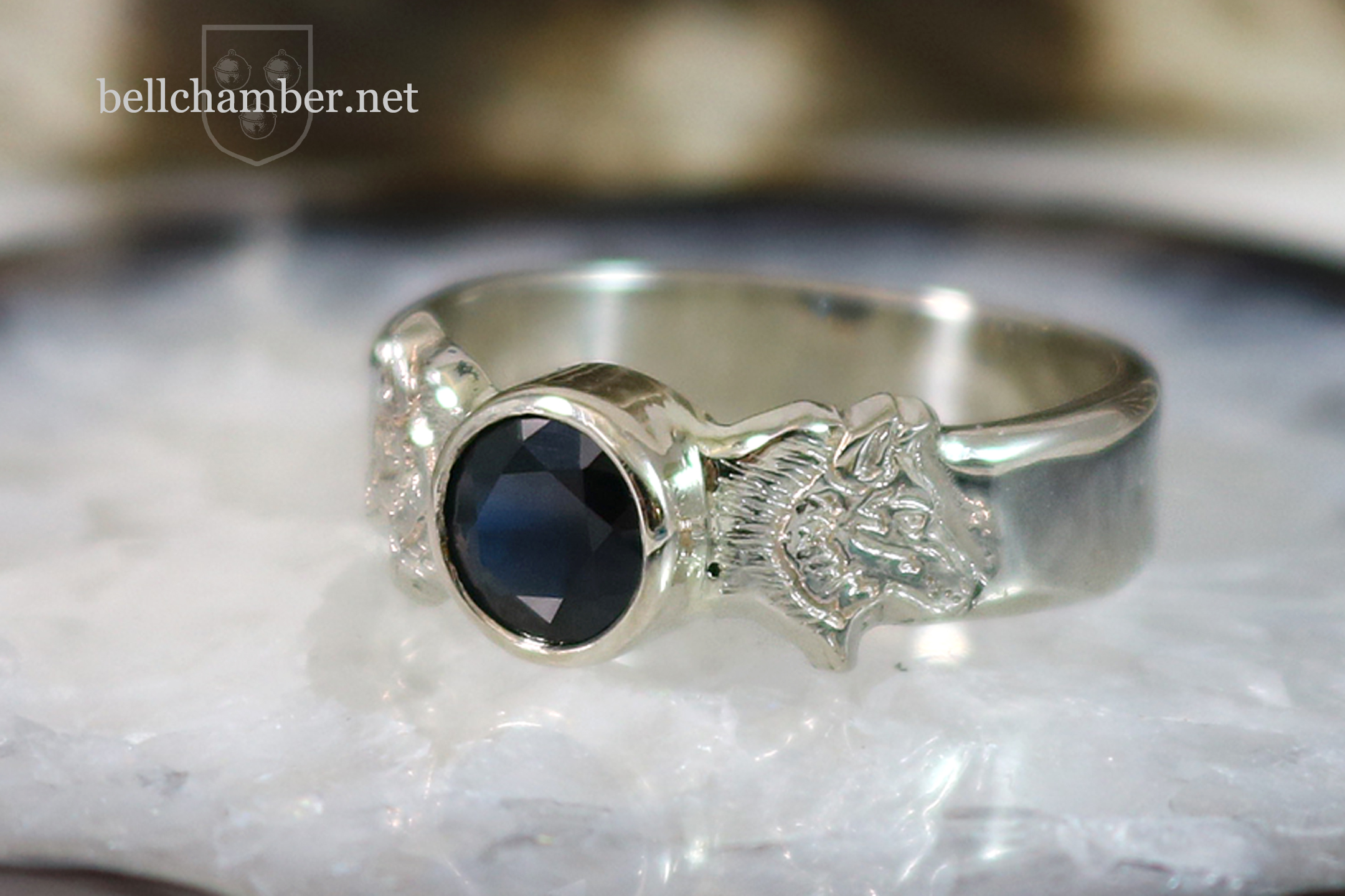 Midnight Blue Black sapphire Wolf Ring