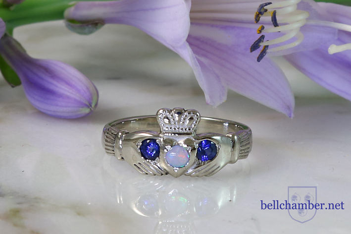 White gold Claddagh iwth Sapphire and Opal