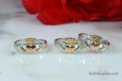 Heart and Crown Claddaghs in Rose Gold and Silver