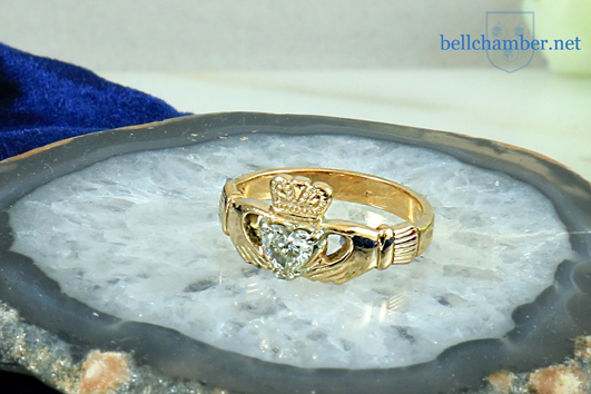 Gold claddagh with heart shaped diamond